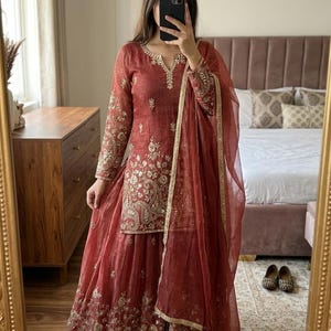 Pakistani Designer Sharara Suit Set With Dupatta For Womens, Ethnic Wear 3pcs, Embroidered Partywear Function, Readymade Partywear Outfits