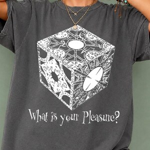 May include: A charcoal gray short-sleeve t-shirt featuring a white graphic of a complex, ornate puzzle box cube. Below the cube, the text "What is your pleasure?" is printed in a white serif font. The shirt has a relaxed, loose-fitting silhouette.