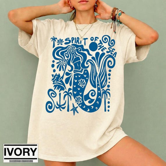 Spirit of the Sea Mermaid T-Shirt, Coastal Aesthetic Shirt, Vintage Ocean Graphic Tee, Beach Summer Shirt, Boho Sea Lover Gift