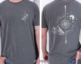 Celestial Compass Shirt, Mountain Adventure T Shirt, Moon Star Graphic Tee, Hiking Camping Shirt, Outdoorsy Gift for Him