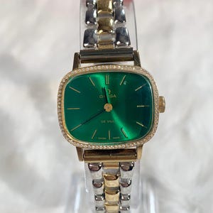 Omega De Ville Vintage Green Dial Manual Wind Watch 21x25MM Gold Tone Bracelet Swiss Made Retro Ladies Watch