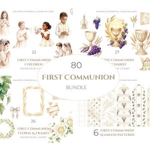 Pode incluir: Uma coleção digital de 80 elementos de clipart em aquarela para a primeira comunhão, incluindo ilustrações de crianças em trajes formais, cálices dourados, uvas, trigo, molduras florais e seis padrões contínuos com motivos religiosos.