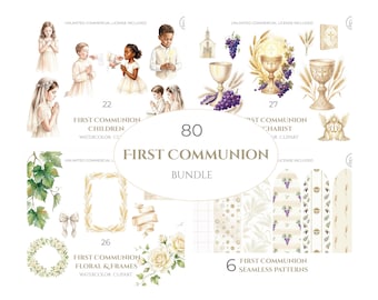 First Communion Watercolor Clipart Bundle PNG | Catholic Kids Eucharist Floral Frames Seamless Patterns | 80 Files |  Commercial Use