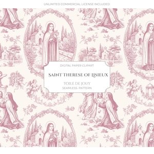 Puede incluir: Un patrón de papel digital sin costuras en estilo Toile de Jouy rosa y crema con Santa Teresa de Lisieux. La ilustración repetitiva incluye marcos ovalados con la santa, pequeñas capillas, rosas y ángeles. Texto: SAINT THERESE OF LISIEUX.