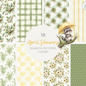 Pode incluir: Uma coleção de 18 padrões sem costura e cliparts "April Showers". Os padrões incluem desenhos florais, xadrez e de bolinhas em tons de verde, amarelo e branco. Um guaxinim com um guarda-chuva também é apresentado.
