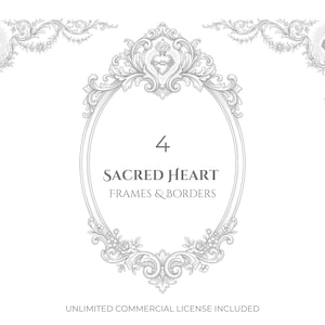 Pode incluir: Um conjunto gráfico digital com quatro molduras e bordas ornamentadas em tons de cinza com motivos de coração sagrado. A moldura oval central é cercada por intrincados arabescos florais. O texto diz: 4 SACRED HEART FRAMES & BORDERS, UNLIMITED COMMERCIAL LICENSE INCLUDED e FLORA & FILE STUDIO.