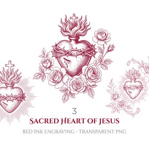 Pode incluir: Uma ilustração gravada em tinta vermelha do Sagrado Coração de Jesus com três variações de um coração rodeado por uma coroa de espinhos, encimado por uma cruz e chamas, e rodeado por rosas. O texto diz 3 SACRED HEART OF JESUS.