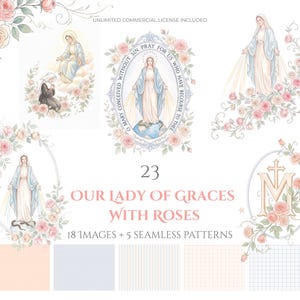 Pode incluir: Uma coleção digital de 23 ilustrações de Nossa Senhora das Graças com rosas, incluindo 18 imagens e 5 padrões sem costura. Os gráficos exibem figuras religiosas em mantos azuis e brancos rodeadas por arranjos florais cor-de-rosa e texto.