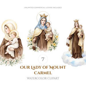 May include: Three watercolor illustrations of Our Lady of Mount Carmel holding the Christ Child. Each figure wears a brown habit, a cream-colored mantle, and a gold crown. The figures are surrounded by white flowers or clouds with halos.