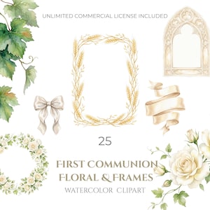 Pode incluir: Uma coleção de ilustrações em aguarela com folhas de videira verdes, uma moldura de espigas de trigo, um laço de fita bege, uma moldura de arco gótico, uma coroa de rosas brancas e um arranjo floral de rosas brancas com o texto 25 FIRST COMMUNION.