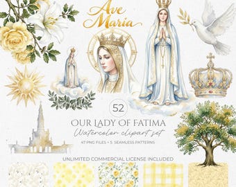 Könnte beinhalten: Aquarell-Clipart-Set mit dem Thema Unserer Lieben Frau von Fatima, mit Illustrationen religiöser Figuren, Kronen und floralen Elementen. Das Set enthält den Text "Ave Maria" in goldener Schrift sowie verschiedene Muster und eine Kirchenillustration.