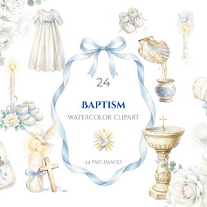 Catholic Baptism Clipart PNG | Christening Watercolor Bundle | Baptism Elements Frames | First Sacrament Invitation Design | Commercial Use
