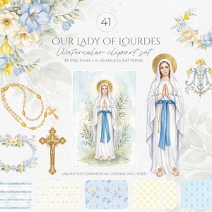 Op de afbeelding: Watercolor clipart set met 'Onze Lieve Vrouw van Lourdes'. De afbeelding bevat illustraties van een rozenkrans, een kruisbeeld, bloemstukken en afbeeldingen van de Maagd Maria. De set bevat 36 PNG-bestanden en 5 naadloze patronen.