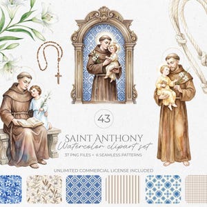 Pode incluir: Conjunto de cliparts em aquarela com ilustrações de Santo António. O conjunto inclui imagens de Santo António com uma criança, um rosário e padrões florais. O texto diz "SAINT ANTHONY Watercolor clipart set". Inclui 37 arquivos PNG e 6 padrões sem costura.