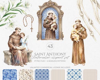 Könnte beinhalten: Aquarell-Clipart-Set mit Illustrationen von St. Antonius. Das Set enthält Bilder von St. Antonius mit einem Kind, einem Rosenkranz und floralen Mustern. Der Text lautet "SAINT ANTHONY Watercolor clipart set". Enthält 37 PNG-Dateien und 6 nahtlose Muster.