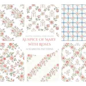 Pode incluir: Seis padrões digitais sem costura apresentando o símbolo Auspice de Maria, uma cruz sobre um M, entrelaçado com rosas cor-de-rosa e brancas. Os designs incluem fundos brancos, uma grade xadrez azul e arranjos florais diagonais com texto.