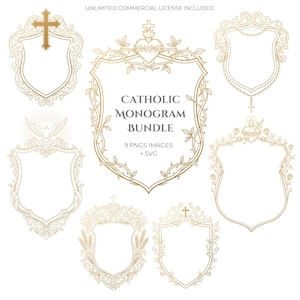Pode incluir: Uma coleção de oito molduras decorativas douradas em forma de escudo com motivos religiosos, incluindo cruzes, um sagrado coração e elementos florais. O texto central diz CATHOLIC MONOGRAM BUNDLE, 9 PNGS IMAGES + SVG e UNLIMITED COMMERCIAL LICENSE INCLUDED.