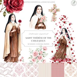 Pode incluir: Um conjunto de cliparts em aquarela da Santa Teresinha do Menino Jesus, incluindo ilustrações da santa com hábitos castanhos e brancos, uma cruz floral, rosas vermelhas e cor-de-rosa, e seis papéis digitais com padrões de damasco e riscas.