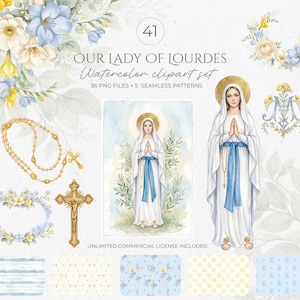 Puede incluir: Conjunto de imágenes prediseñadas de acuarela con el tema de Nuestra Señora de Lourdes. La imagen incluye ilustraciones de la Virgen María, un rosario, un crucifijo, arreglos florales y patrones sin costuras. El texto dice "OUR LADY OF LOURDES Watercolor clipart set".