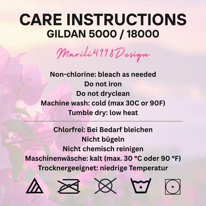 May include: A care instructions graphic with the text "CARE INSTRUCTIONS" and "GILDAN 5000 / 18000". It includes washing symbols and instructions: non-chlorine bleach, do not iron, do not dryclean, machine wash cold, and tumble dry low.