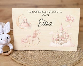 Erinnerungskiste Mädchen personalisiert – Erinnerungsbox Geburt, Taufgeschenk, Holzkiste Baby mit Prinzessin & Einhorn, liebevolles Geschenk