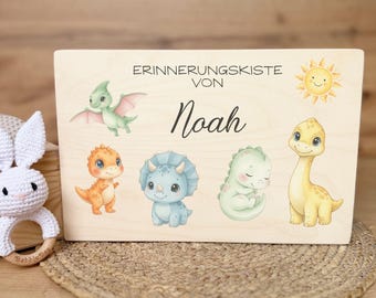 Erinnerungskiste Junge personalisiert – Erinnerungsbox Geburt, Taufgeschenk, Holzkiste Baby mit Dinos, liebevolles Geschenk für Kinder