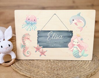 Erinnerungskiste Mädchen personalisiert – Holz Erinnerungsbox Geburt, Taufgeschenk, Holzkiste Baby mit Meerjungfrau, liebevolles Geschenk