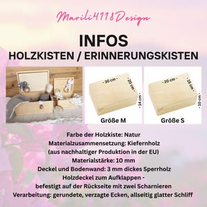 A graphic with text "INFOS HOLZKISTEN / ERINNERUNGSKISTEN" and details about the wooden boxes, including size diagrams for "Größe M" and "Größe S", material, and construction.