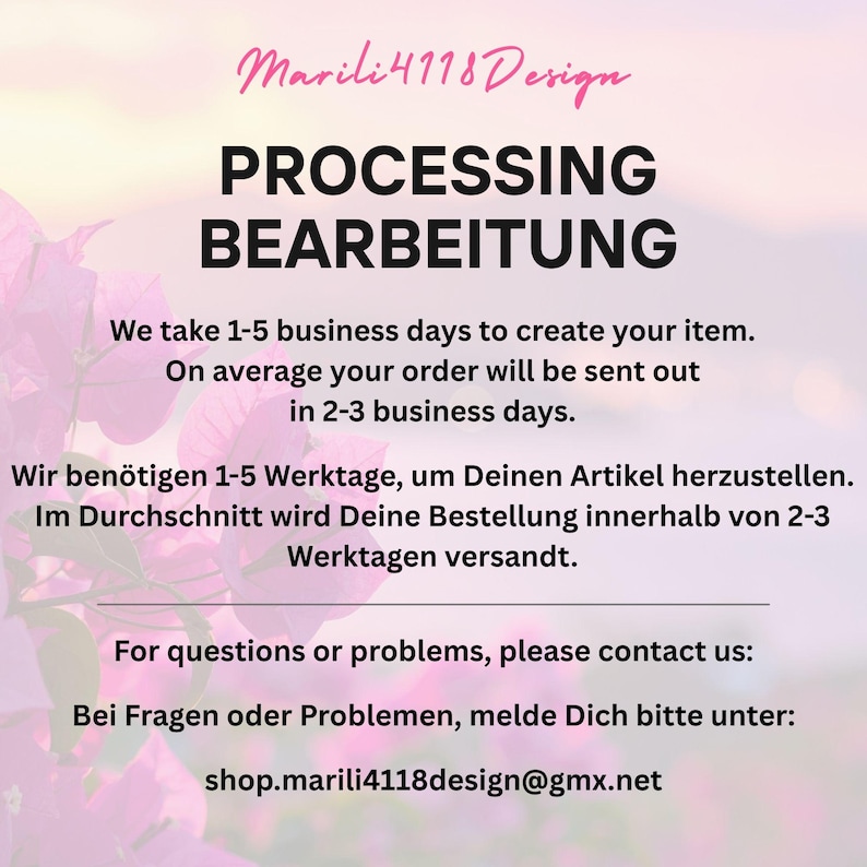 May include: Pink and white graphic with the text "Marili4118Design" at the top. The words "PROCESSING BEARBEITUNG" are in large, bold, black letters. Below, it states the processing time for orders.