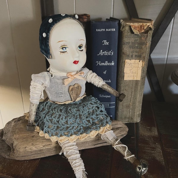 Blue Bonnet artdoll OOAK found object art