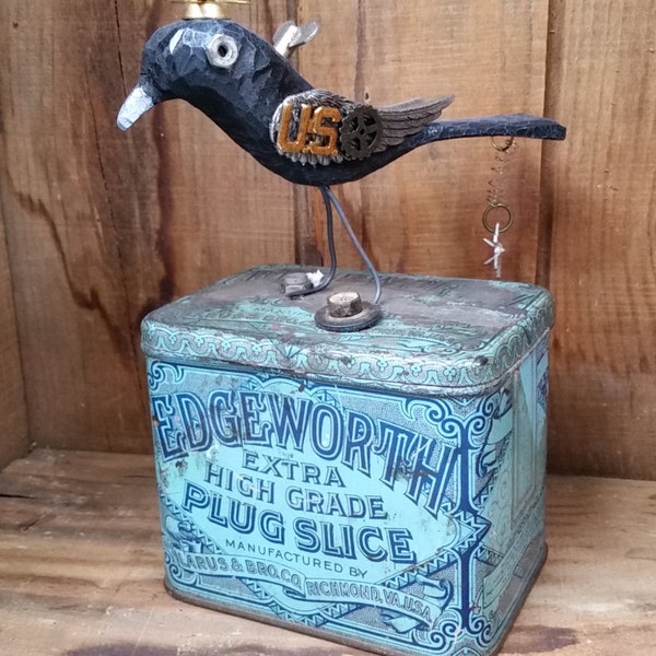 Steampunk bird hand carved art bird mixed media assemblage art vintage tin