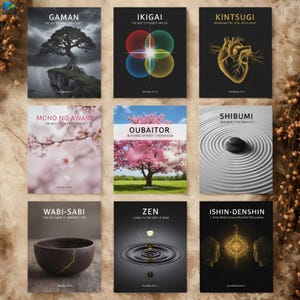 May include: Nine book covers with titles like "Gaman", "Ikigai", and "Kintsugi". Each cover features unique imagery, including a tree, abstract shapes, a golden heart, and a bowl. The books are from Mindbook Pro.