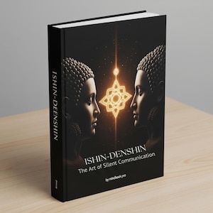 以下が含まれることがあります： 「ISHIN-DENSHIN The Art of Silent Communication」というタイトルのハードカバー本。黒い背表紙。表紙には、向かい合う2つのシルエットの顔があり、その間に光る星型のデザインがあります。背景は暗く、星のような細かいディテールがあります。