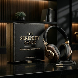 Könnte beinhalten: Ein schwarzes Leder-Box-Set mit goldenem Schriftzug "The Serenity Code" neben einem Paar schwarzer und holzfarbener Kopfhörer mit goldenen Akzenten. Das Box-Set enthält "The Complete Audio Guides" und "8 Guided Meditations".