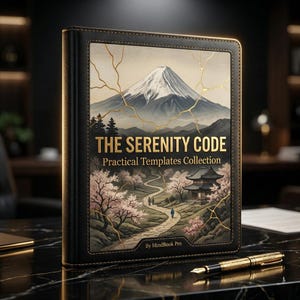 Può includere: Un diario rilegato in pelle nera intitolato "The Serenity Code: Practical Templates Collection". La copertina presenta un dipinto paesaggistico con una montagna, alberi e un sentiero, con dettagli dorati. Una penna d'oro è appoggiata sul tavolo.