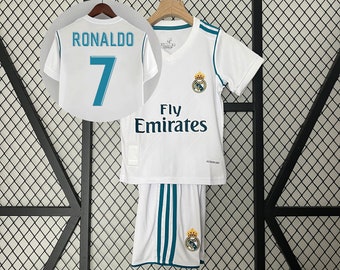 Retro Kids Cristiano Rona!do No. 7 Football Uniform 2017-2018 Rea! Madrid White Jersey-Short & Long Sleeve Suit, Second Away Fan Jersey Set