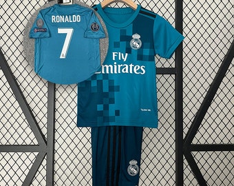 Retro Kids Cristiano Rona!do No. 7 Football Uniform 2017-2018 Rea! Madrid Blue Jersey - Short & Long Sleeve Suit, Second Away Fan Jersey Set