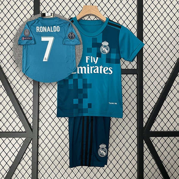 Retro Kids Cristiano Rona!do No. 7 Football Uniform 2017-2018 Rea! Madrid Blue Jersey - Short & Long Sleeve Suit, Second Away Fan Jersey Set