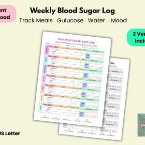 May include: A weekly blood sugar log with a colorful layout. The log includes sections to track meals, glucose, water, and mood. The design includes the text "Weekly Blood Sugar Log" and "Track Meals • Gulucose • Water • Mood". Two versions are included.
