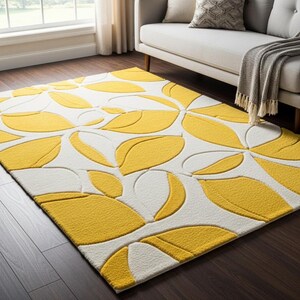 Yellow White Modern Area Rug, Abstract Leaf Pattern Carpet, Contemporary Floral Living Room Rug, Cozy Bedroom Floor Decor, Stylish Home Rug