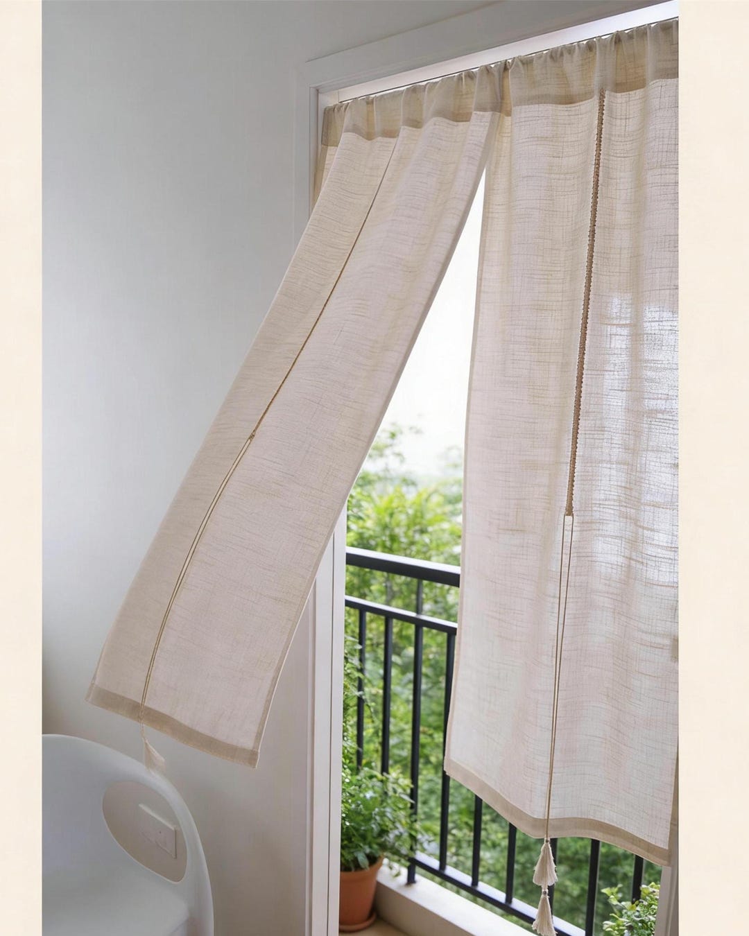 Minimalist Linen Door Curtain With Tassel Straps, Simple Beige Doorway ...