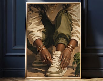 Quadro da parete con donna nera e scarpe da ginnastica, quadro da parete per appassionati di sneakers, stampa di ragazza nera, quadro da parete alla moda, arte della cultura nera, arte digitale afroamericana da parete