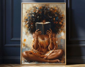 Black Woman Reading Book Wall Art | Book Lover Decor | Reading Nook Wall Art | African American Woman Art | Bookish Decor | Digital Download