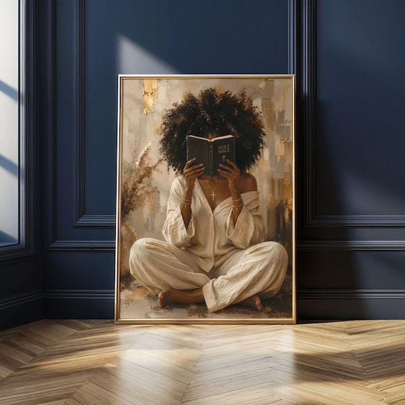 Black Woman Reading Bible Wall Art, Christian Wall Art, Book Lover Decor, Bookish Decor, African American Wall Art, Digital Download