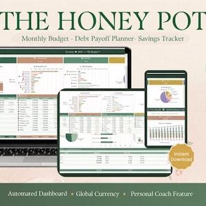 May include: A digital financial planner titled THE HONEY POT, featuring a Monthly Budget, Debt Payoff Planner, and Savings Tracker. The display shows an automated dashboard with charts and tables on a laptop, tablet, and smartphone screen.