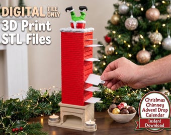 Può includere: Un file digitale stampabile in 3D per un calendario dell'avvento natalizio a forma di camino. Il modello presenta un alto camino in mattoni rossi con neve bianca sulla sommità, un personaggio con le gambe verdi incastrato all'interno.