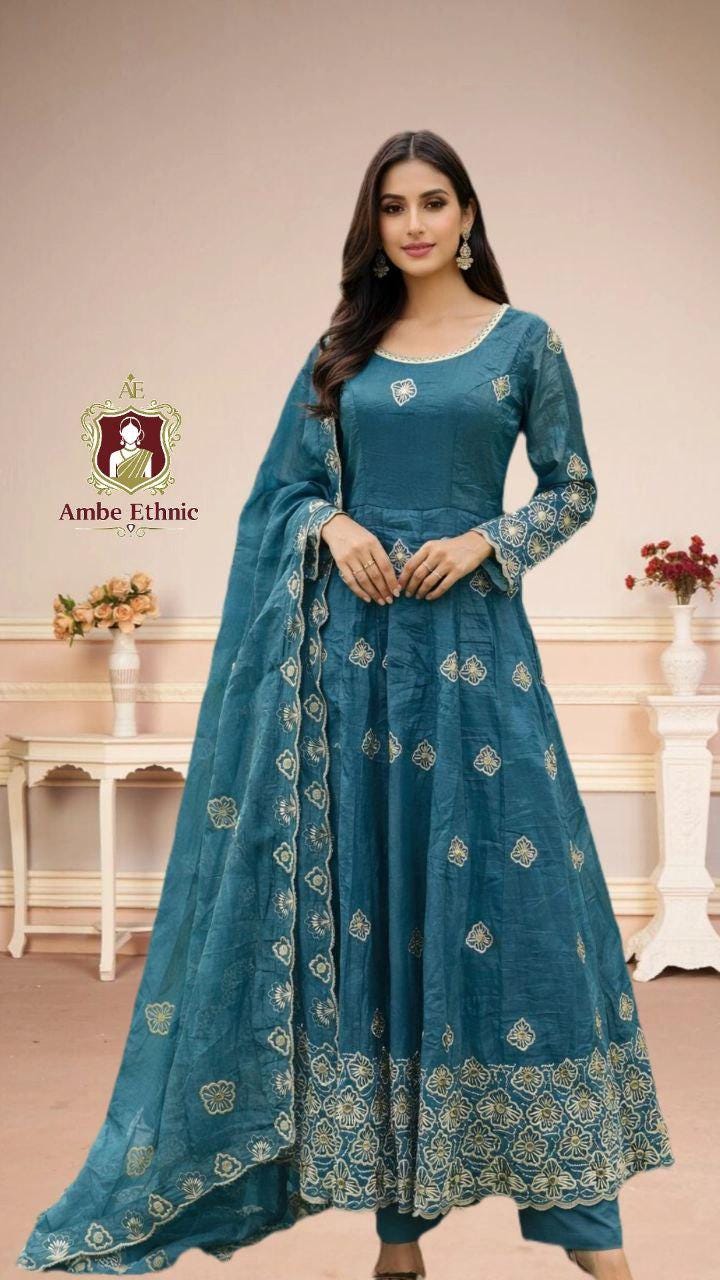 white christmas dresses Teal Muga Silk Anarkali Suit for Indian & Pakistani Wedding Festival