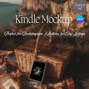 May include: A Kindle mockup image featuring a picnic basket and a digital tablet with the text "your design HERE". The image includes the text "Kindle Mockup" and "Perfect for Bookstagram, Authors, & Etsy Listings". The background is a blurred outdoor scene.