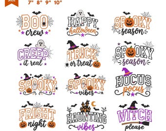 Könnte beinhalten: Eine Sammlung von zwölf Halloween-Stickmustern für Maschinen mit Text und Grafiken wie Geistern, Kürbissen, Fledermäusen, Spinnennetzen und Hexenhüten. Der Text enthält Phrasen wie BOO crew, HAPPY halloween und HOCUS pocus.
