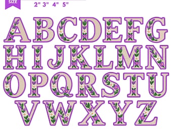 Blumenalphabet-Stickschrift A-Z, 26 lila Blumenmonogrammbuchstaben, Maschinenstickmuster, 2, 3, 4, 5 Zoll, PES, DST, JEF, Exp, VP3